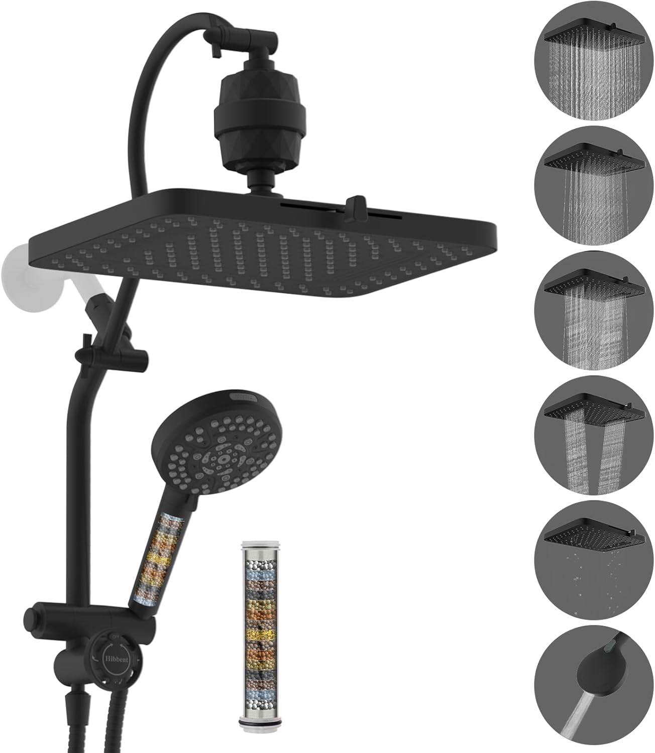 Hibbent 5-Spray Dual Filtered Rainfall Shower Head Combo