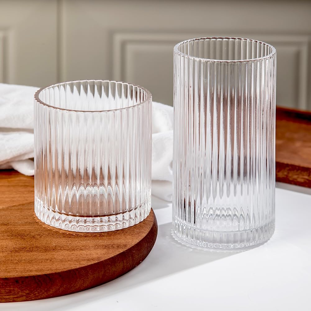 Ribbed Drinking Glasses Set of 8 for Parties and Everyday Use