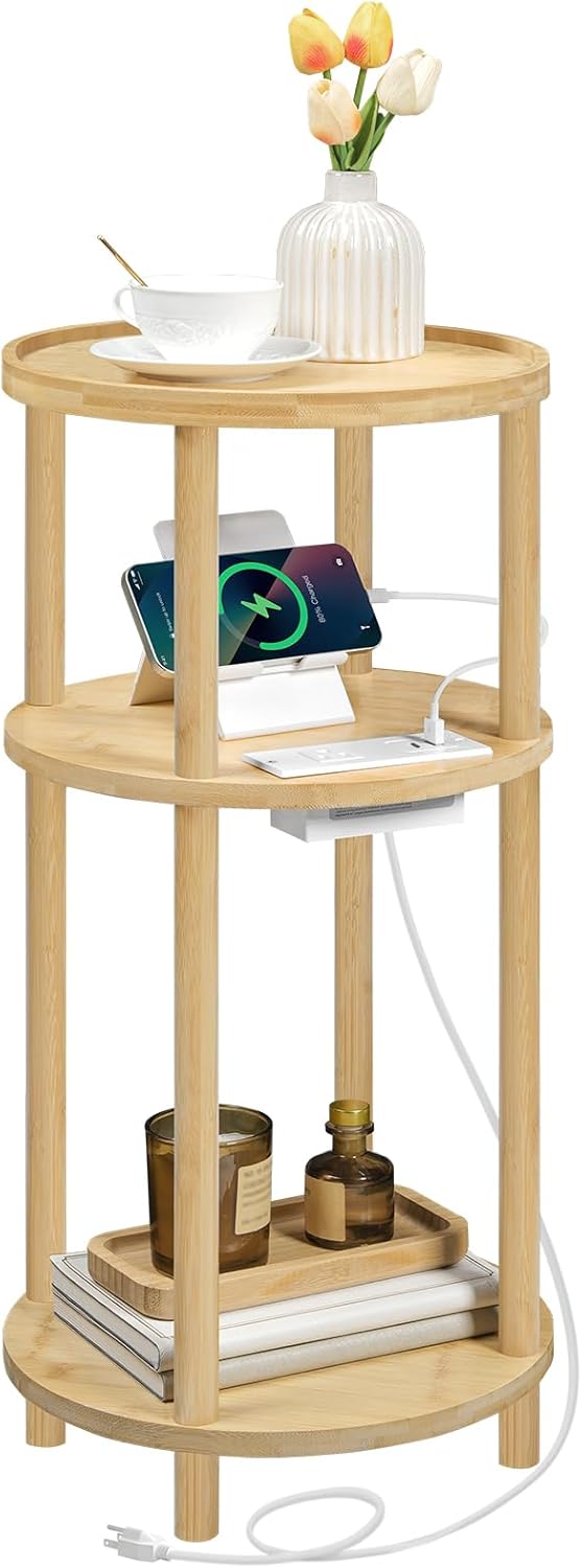 HOOBRO Small Round Side Table with Charging Station for Living Room