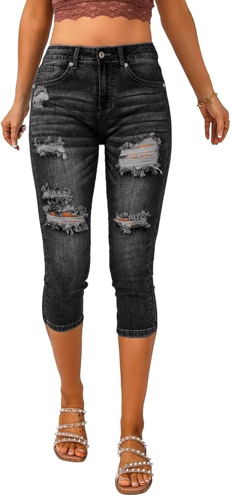 Vetinee Women's High Waisted Ripped Skinny Denim Capri Jeans