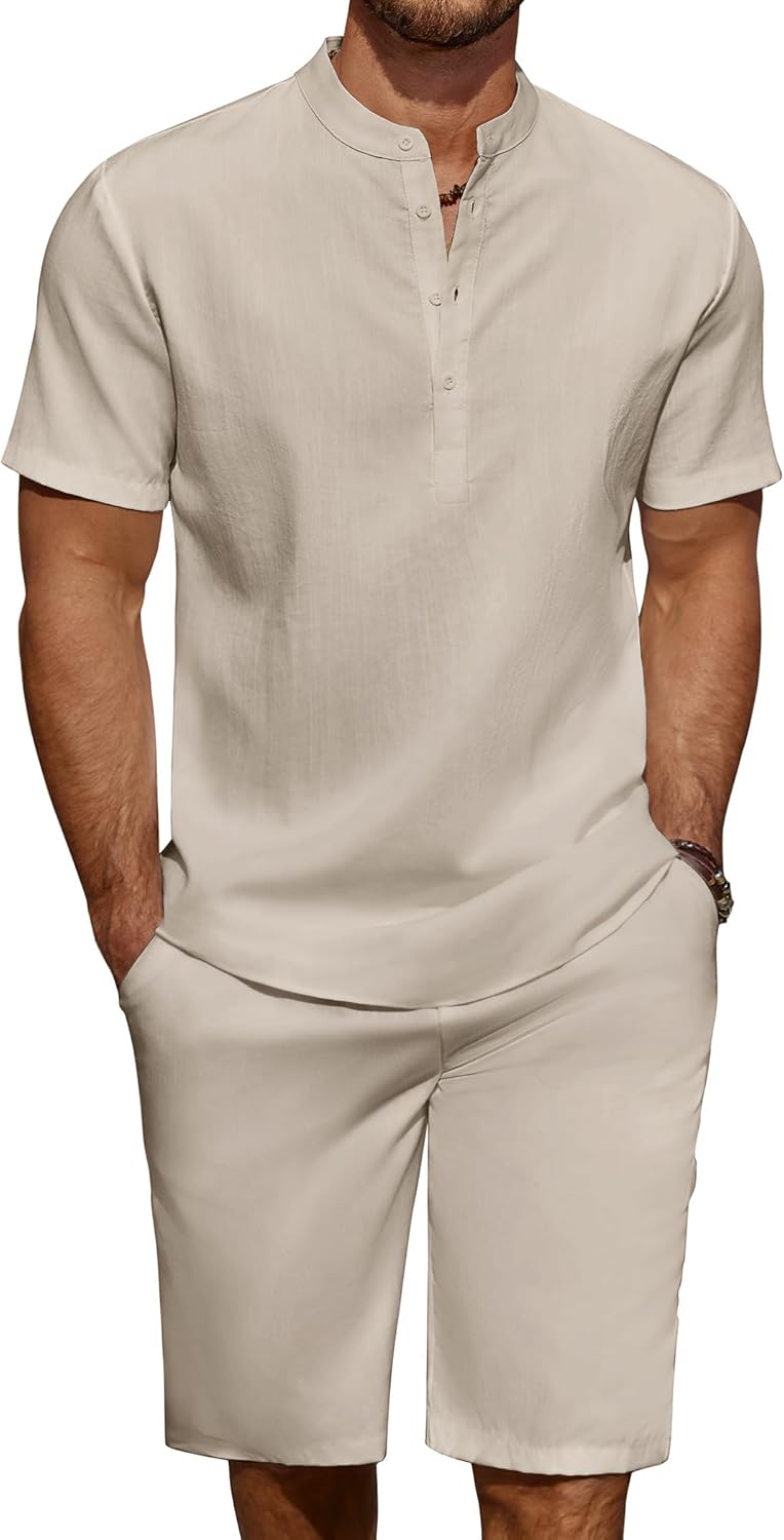Men's Linen Set Casual Henley Shirts and Beach Shorts Outfits