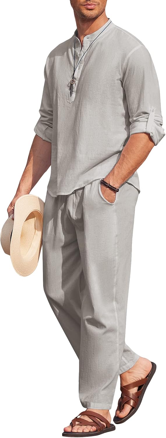 Men's 2 Piece Cotton Linen Set for Summer Beach Outfits