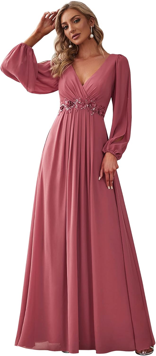 Elegant V Neck Long Lantern Sleeve Chiffon Evening Dress