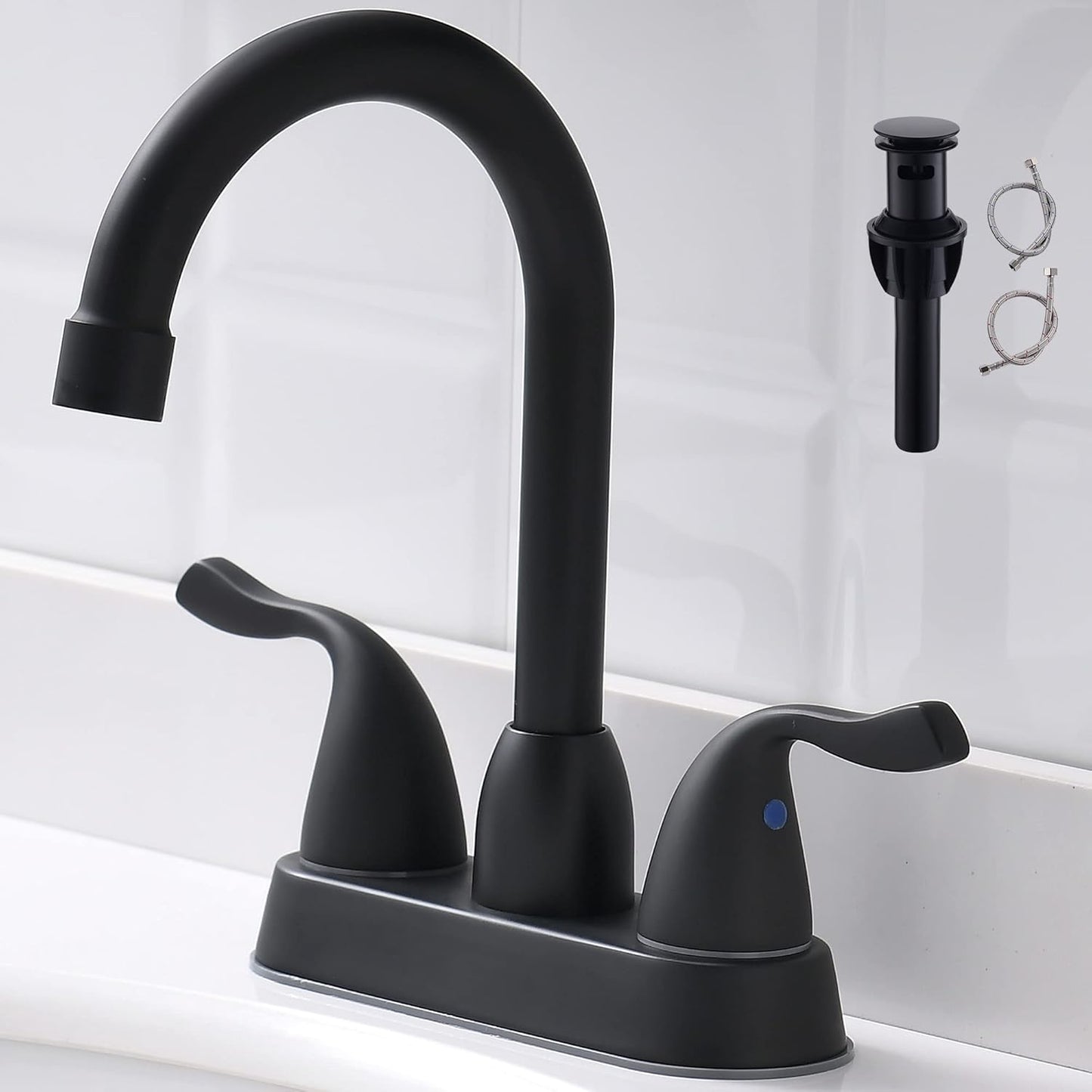 Matte Black Bathroom Sink Faucet with Pop-up Drain and Supply Lines