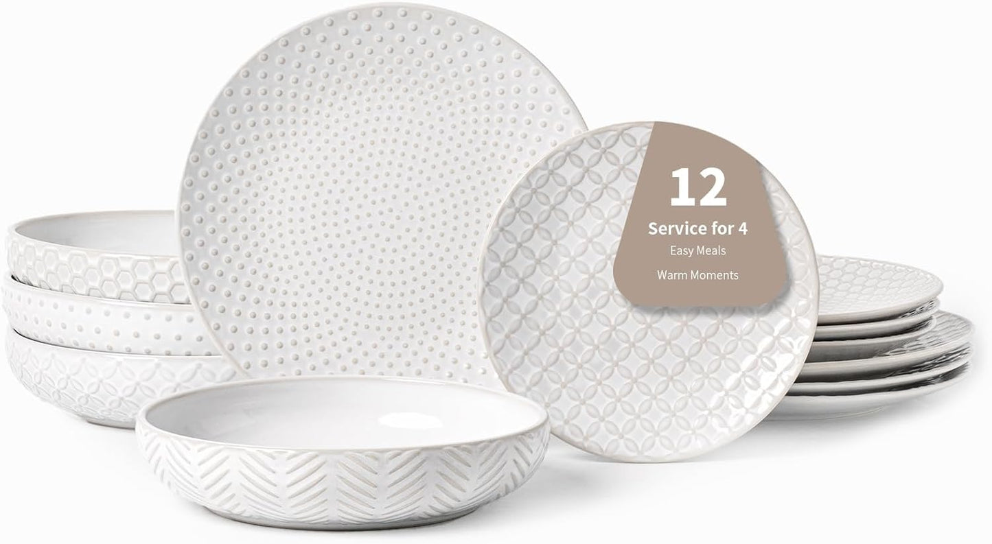 12-Piece Embossed Dinnerware Set for Elegant Family Dining
