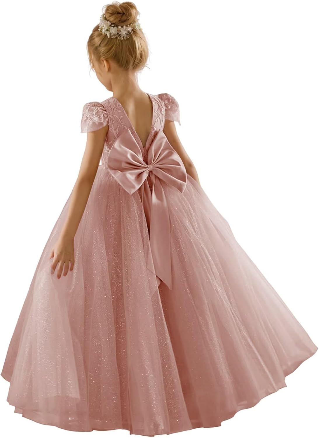 JISISANG Flower Girls Lace Cap Sleeve Dress for Weddings
