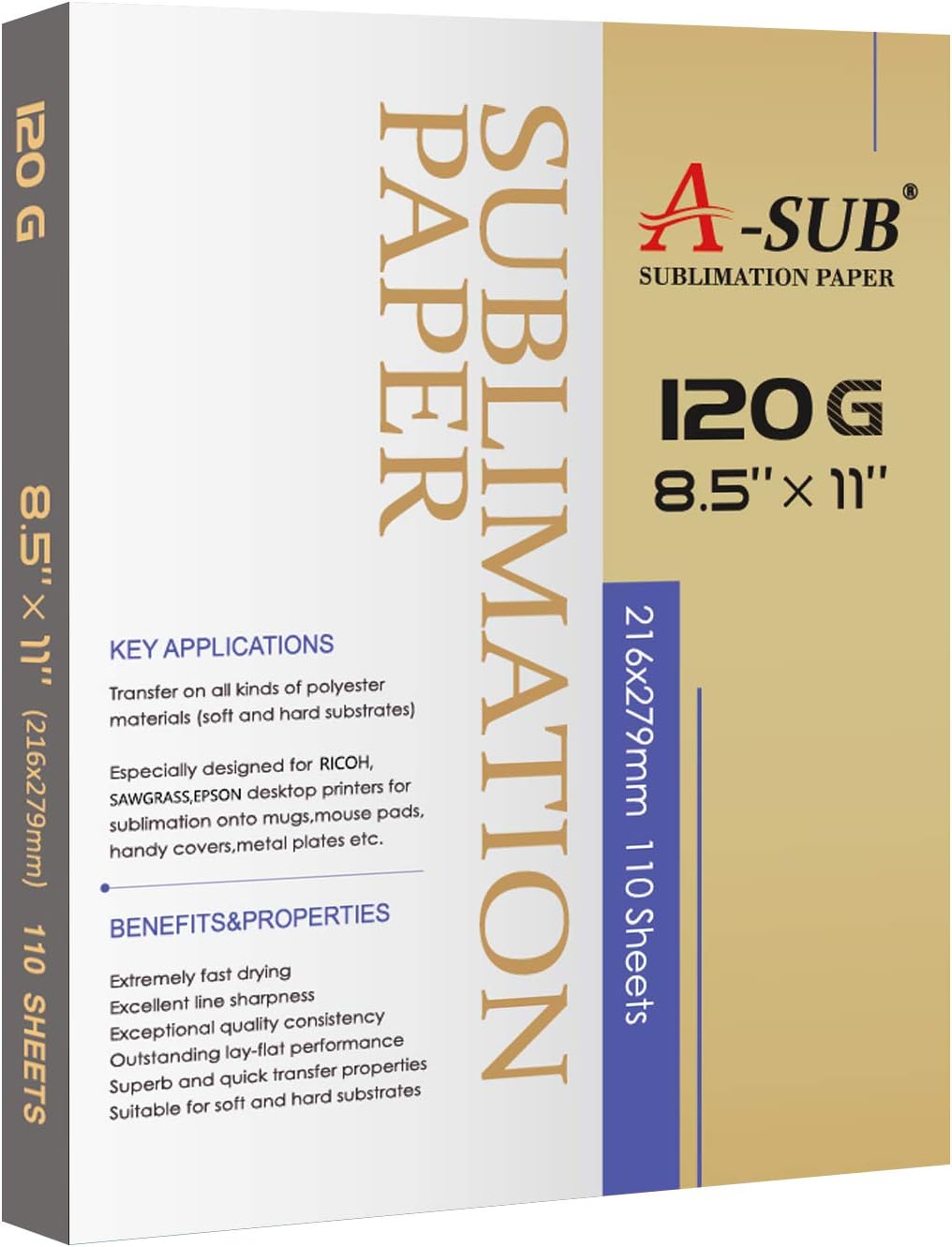 120G 8.5x11 Sublimation Paper 110 Sheets - A-SUB Ink Compatibility