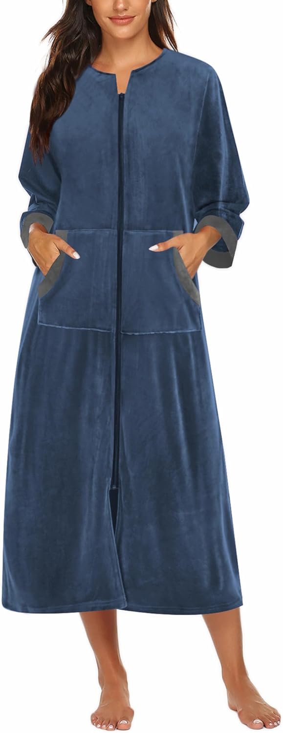 Ekouaer Velour Zipper Robe for Women with Pockets and Style