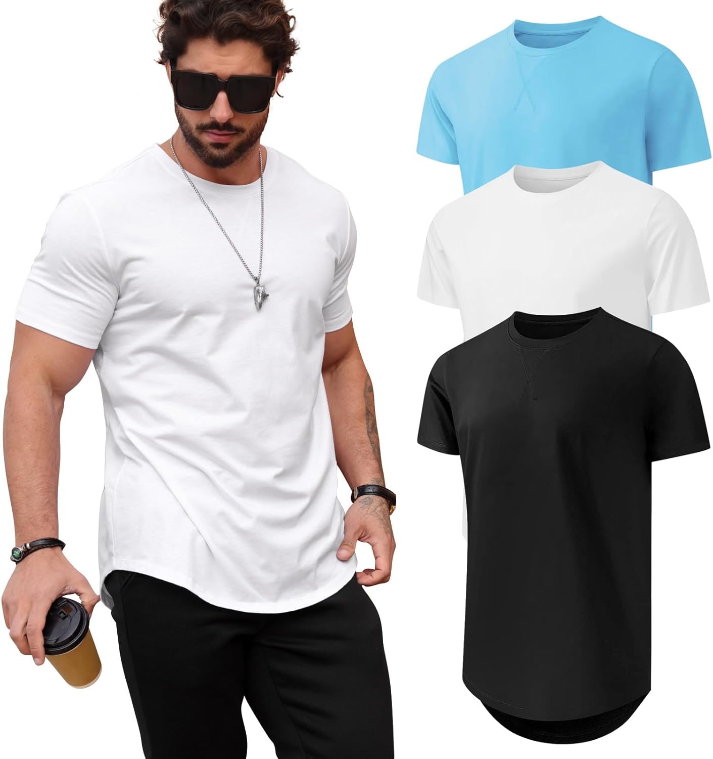 Mens T Shirts Casual Hipster Longline Crewneck Tee Shirts