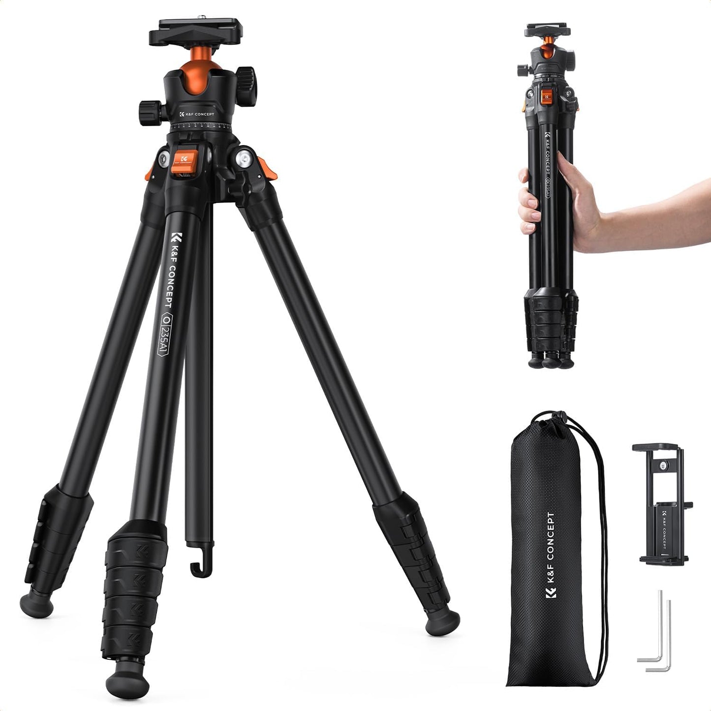 K&F CONCEPT 63in Aluminum Travel Tripod for Camera and Phone