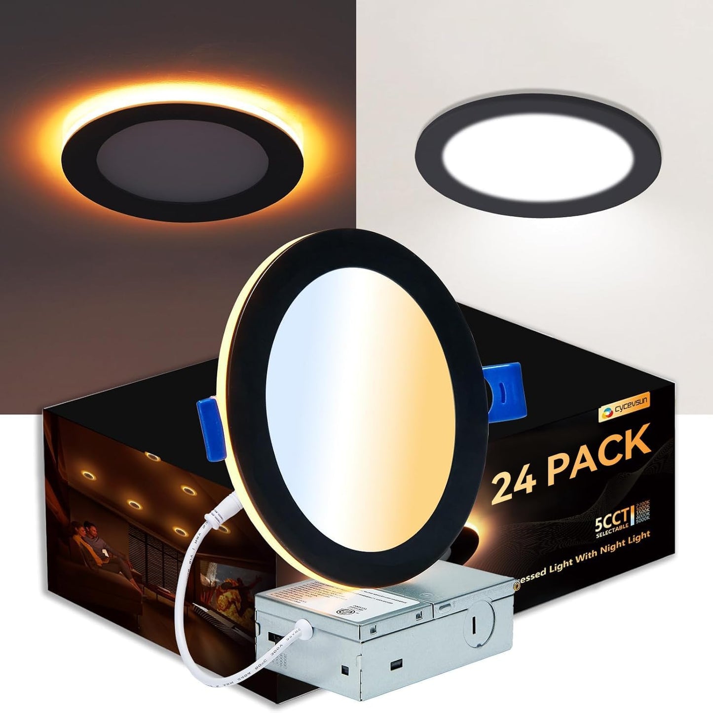 CycevSun 24 Pack Black Recessed Lights 6 Inch with Night Light