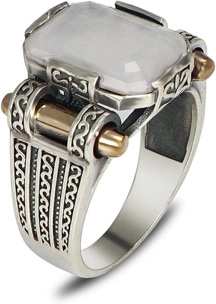 Handmade Men's Vintage Style 925 Sterling Silver Ring with Gemstones