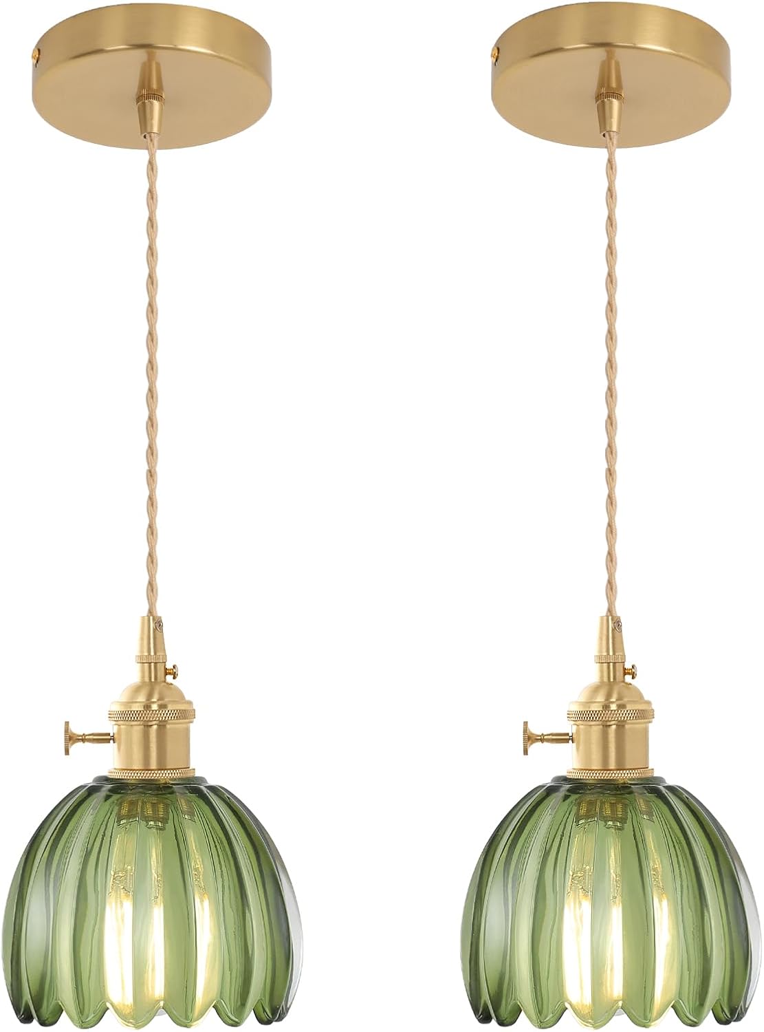 Mini Pendant Light 2 Pack with Green Tulip Glass Lampshade