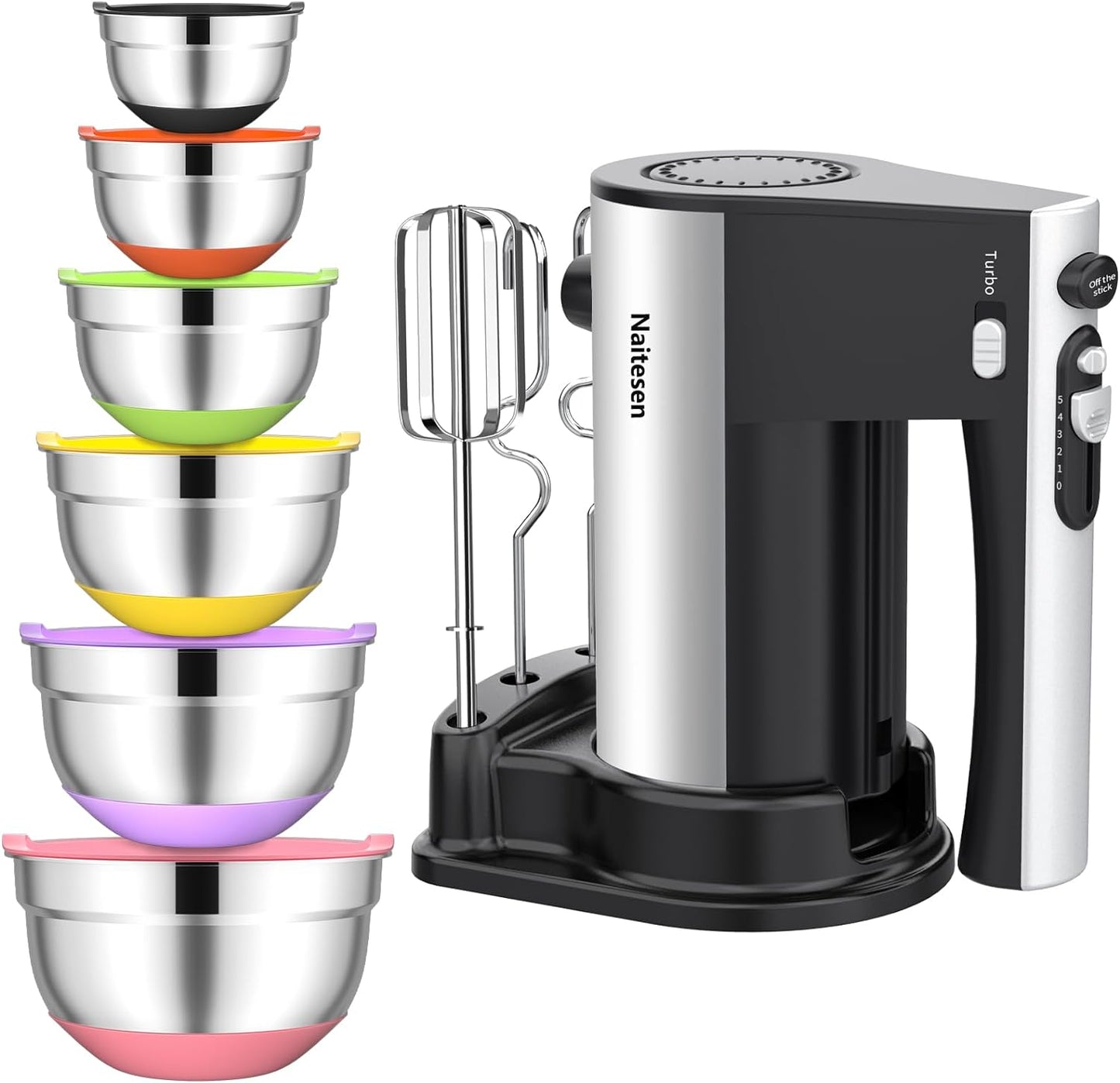 600W Electric Hand Mixer with 6 Mixing Bowls Set for Baking