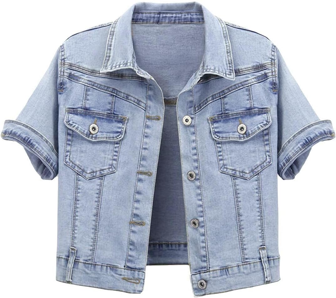 Omoone Women's Summer Short Sleeve Crop Denim Trucker Jacket