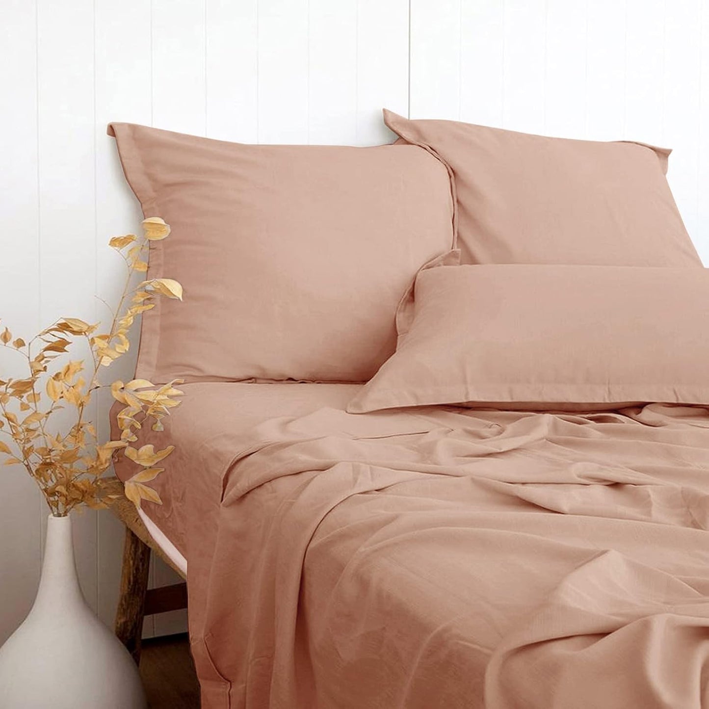 Dusty Pink Linen-Textured Bed Sheets Set for Queen Size Beds