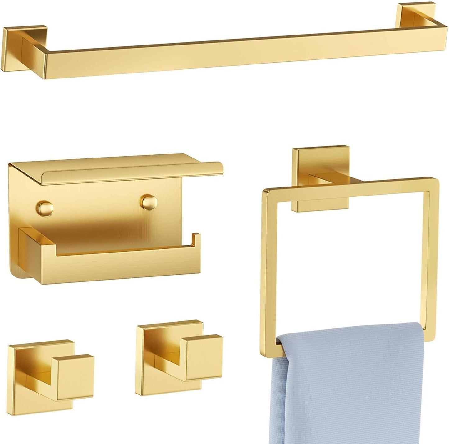 5-Piece Bathroom Hardware Set Brushed Gold Towel Bar Set