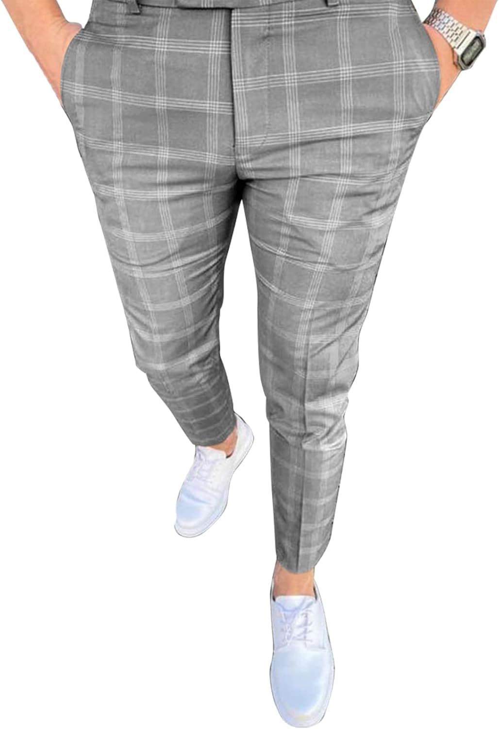 Men's Fashion Stretch Dress Pants Slim Fit Plaid Casual Style