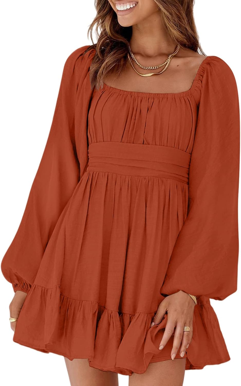 Dokotoo Womens Dress Long Lantern Sleeve Square Neck Mini Dress