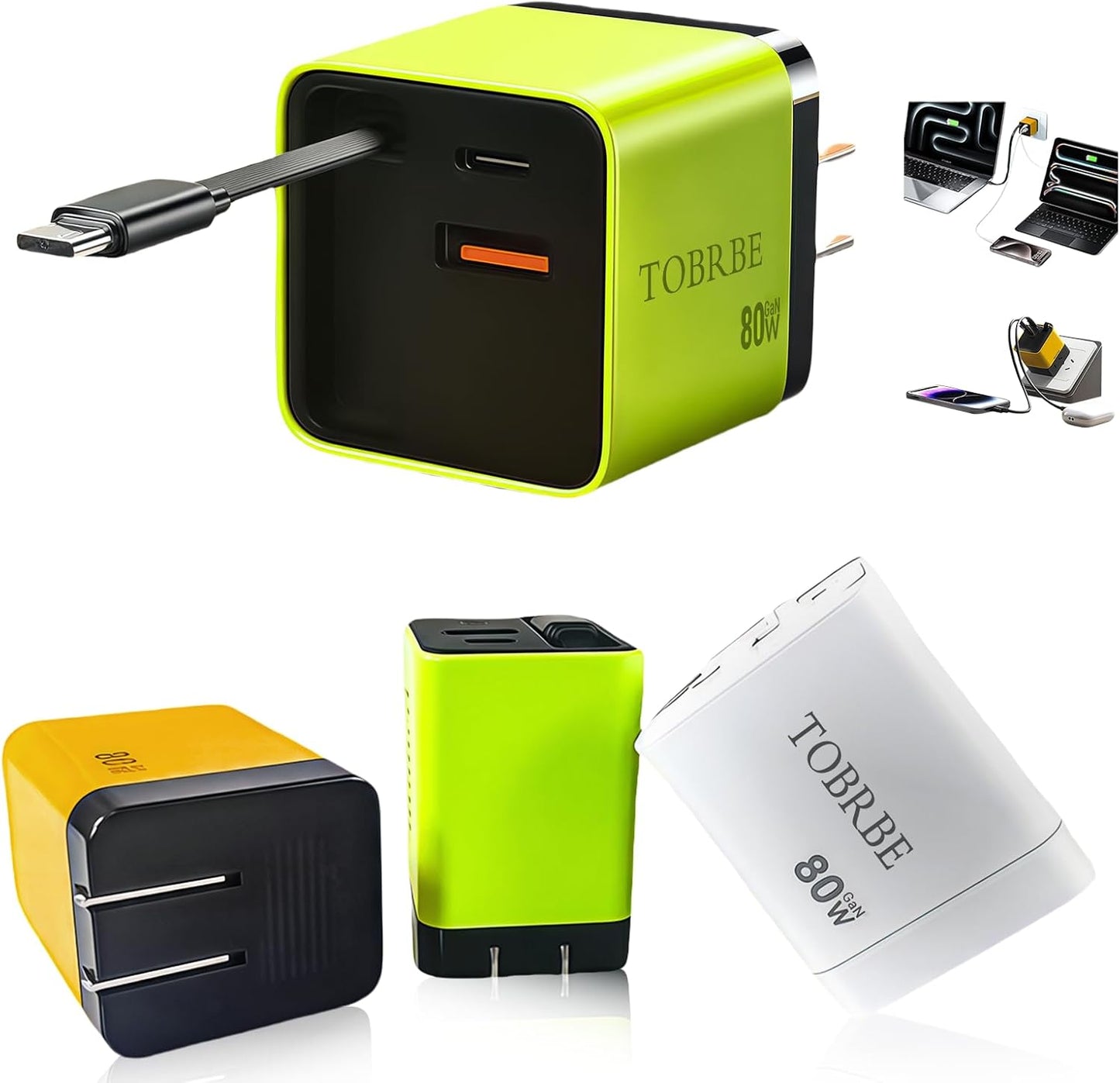 Tobre 3 in 1 GaN Charger with Retractable Cable for Fast Charging