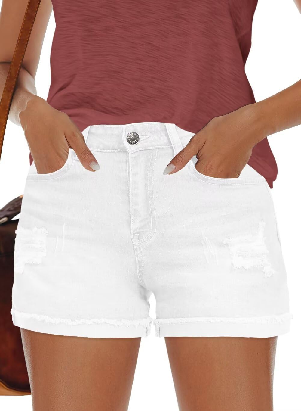 FEKOAFE Womens Casual Mid/High Waisted Ripped Denim Shorts
