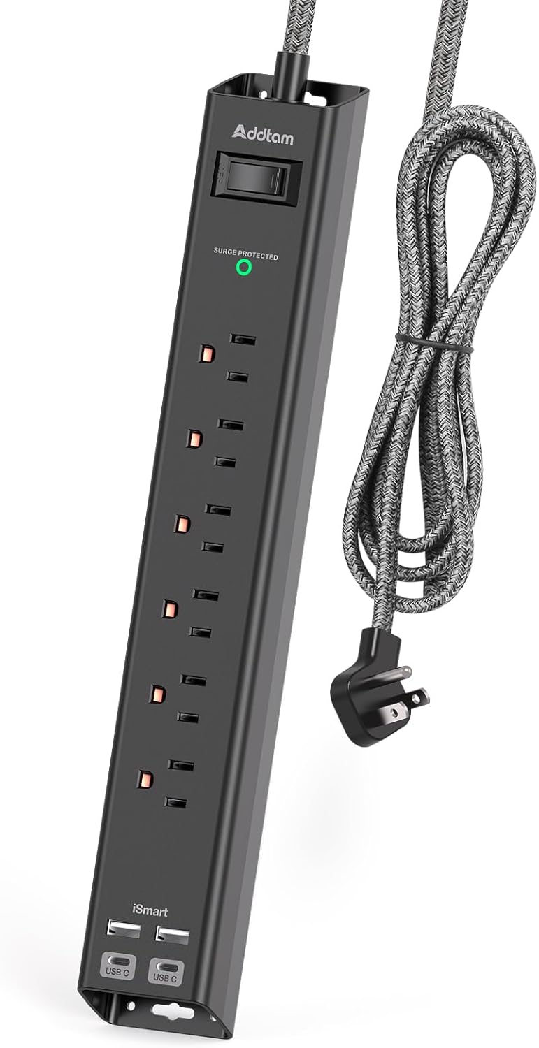 Addtam Surge Protector Power Strip - 6 Outlets 4 USB - Ultimate Protection