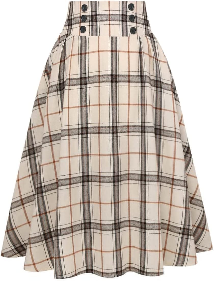 Plaid Midi Skirt for Women High Waist Aline Pleated Style