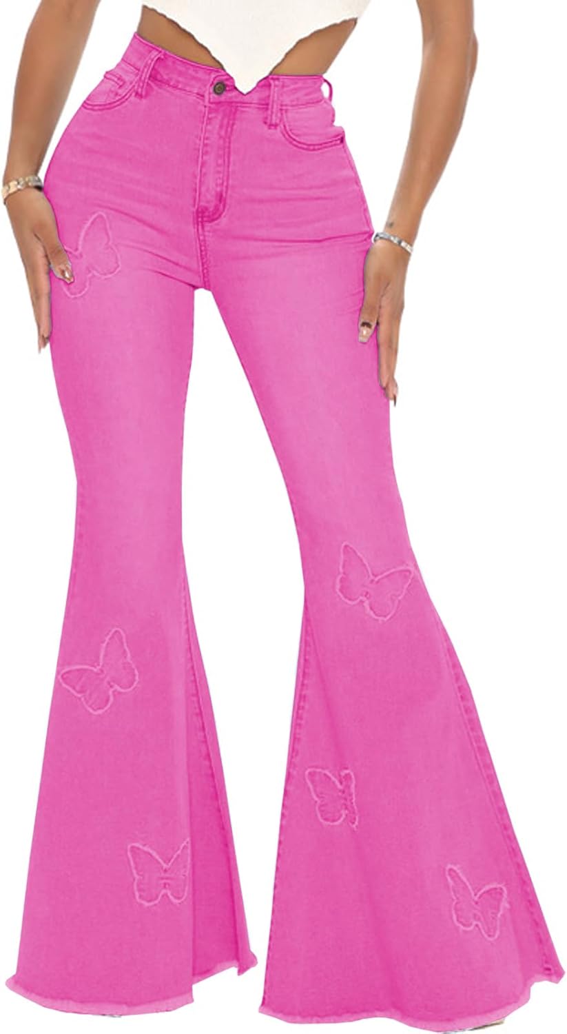 Women's Butterfly Bell Bottom Jeans High Waisted Flare Denim