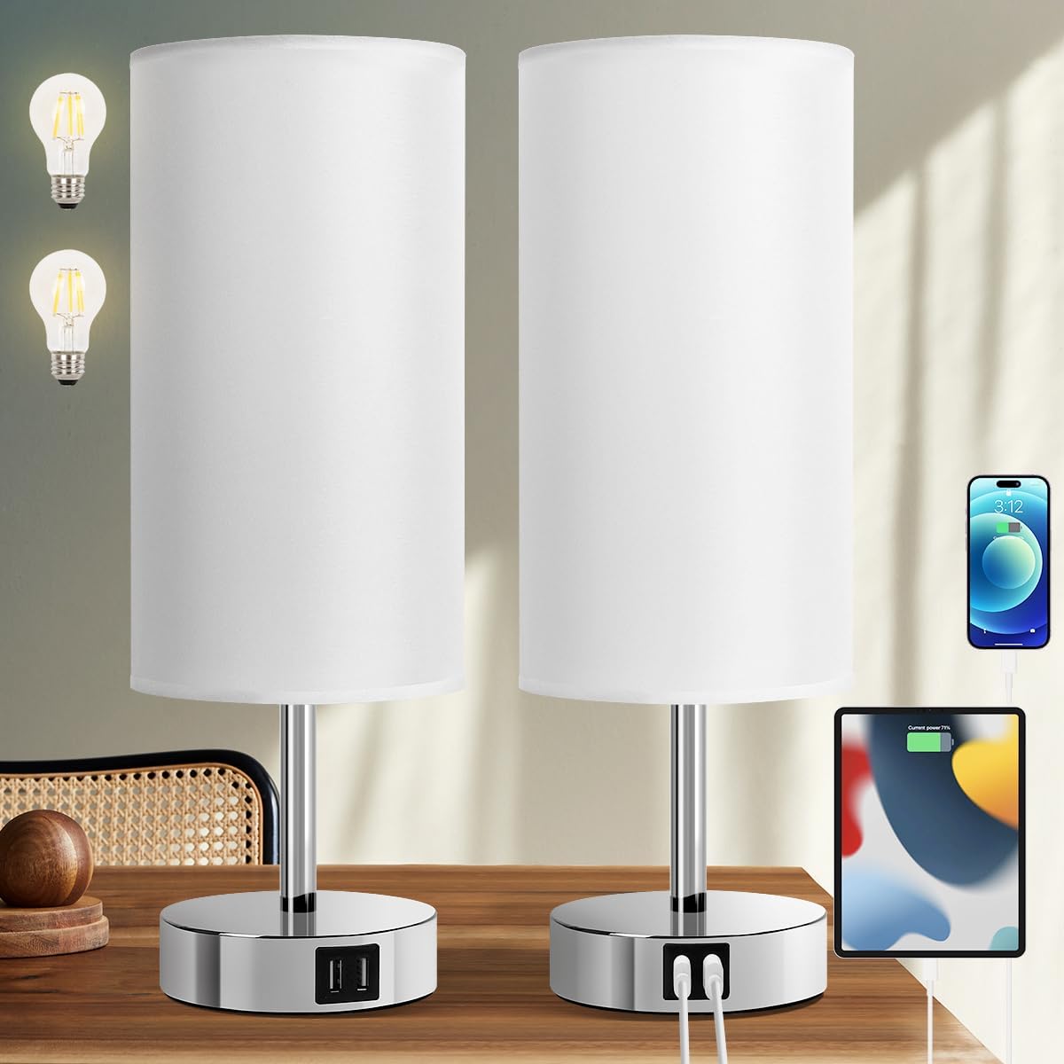 Yarra-Decor Bedside Lamps with USB Port - Touch Control Set of 2