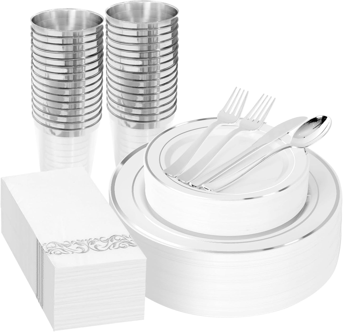 Supernal 200pcs Silver Plastic Dinnerware Set for 25 Guests