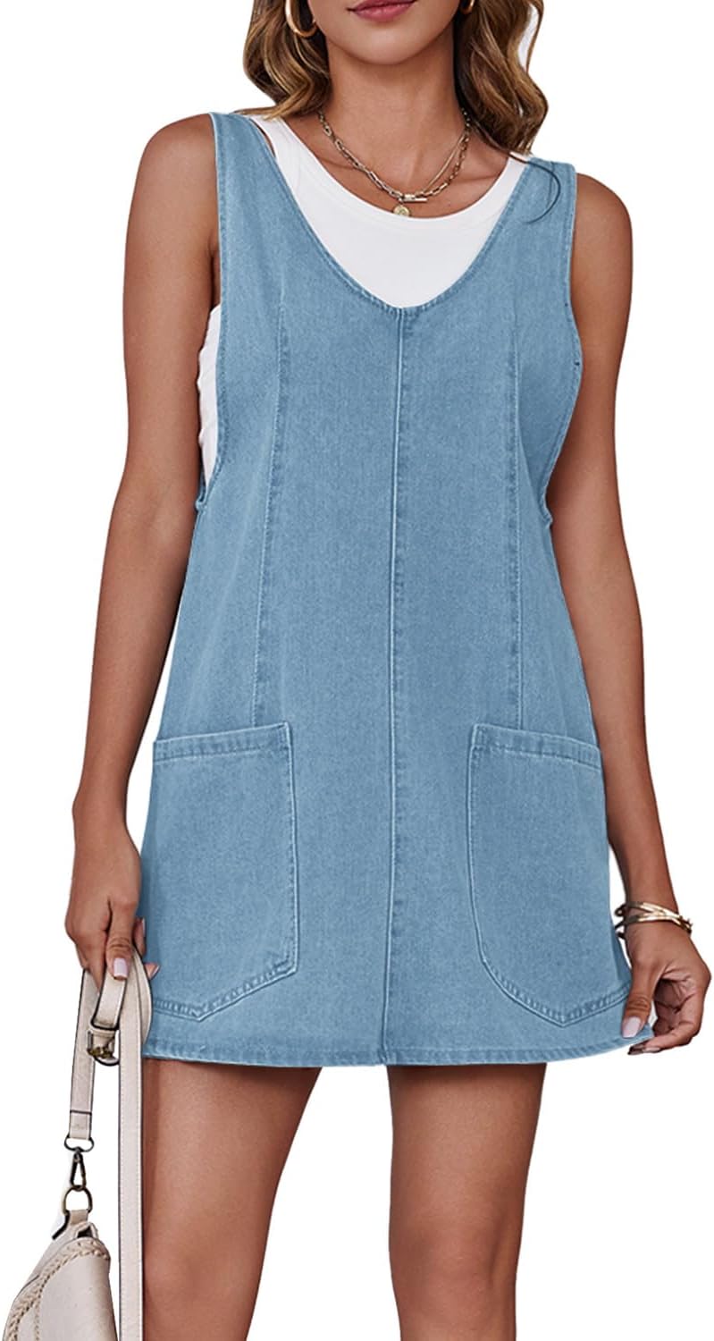Womens High Roller Denim Dress Casual Sleeveless Mini Pinafore