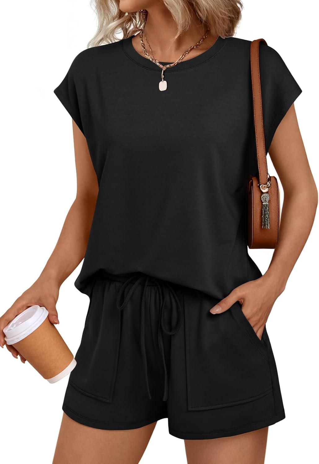 LILLUSORY Womens Crew Neck Cap Sleeve Two Piece Summer Set
