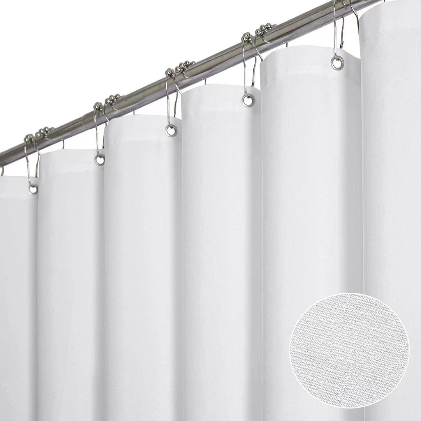 Hotel Luxury White Fabric Shower Curtain Set - Waterproof & Heavy Duty - 12 Hooks - 72x72 - BTTN