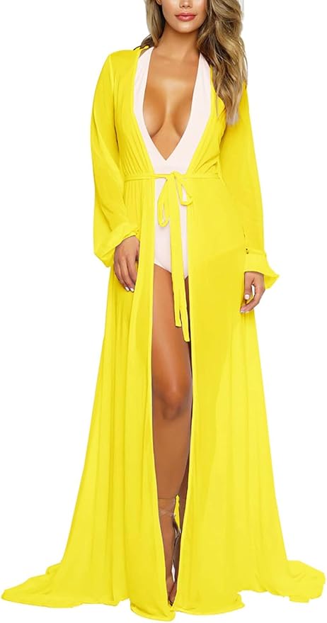 Women's Sexy Thin Mesh Long Sleeve Tie Front Swimsuit Cover Up