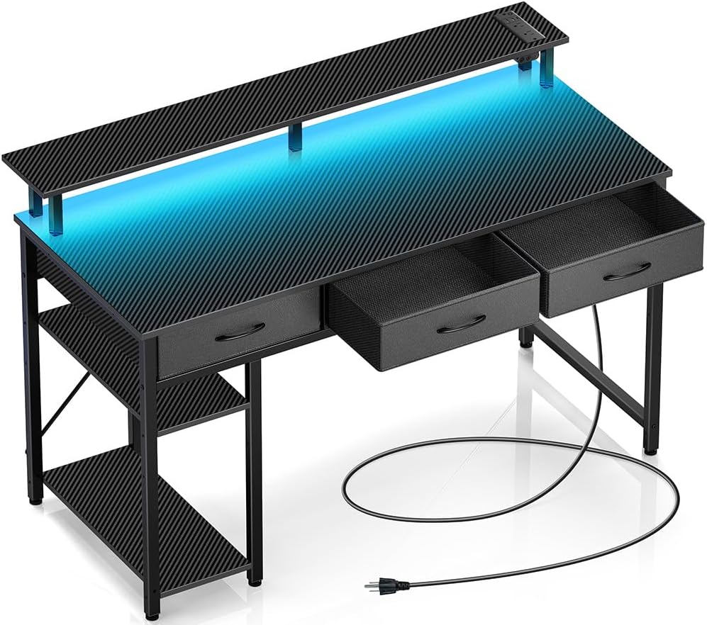 55 Modern Work Desk with Power Outlets & LED Light