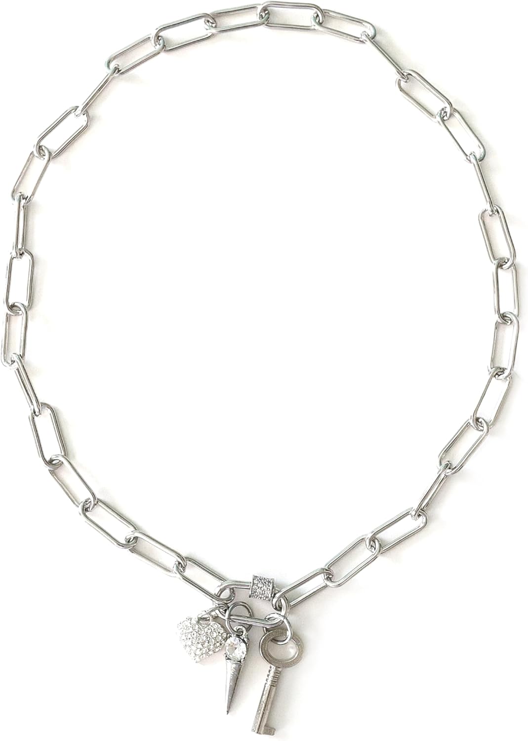 Paper Clip Chain Necklace with Rhinestone Carabiner Charms