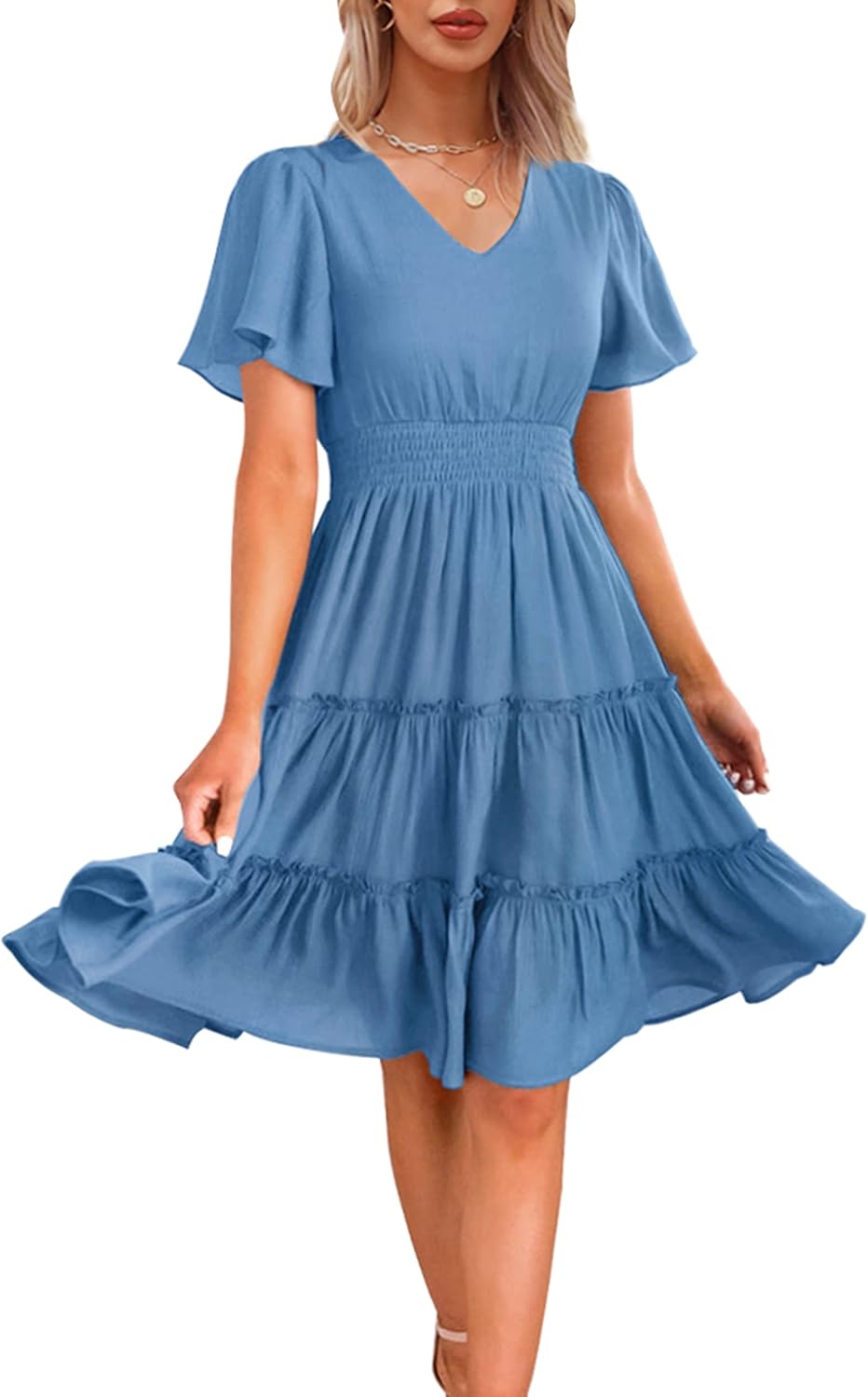 Zattcas Women 2025 Spring Summer Dress V Neck Smocked Waist