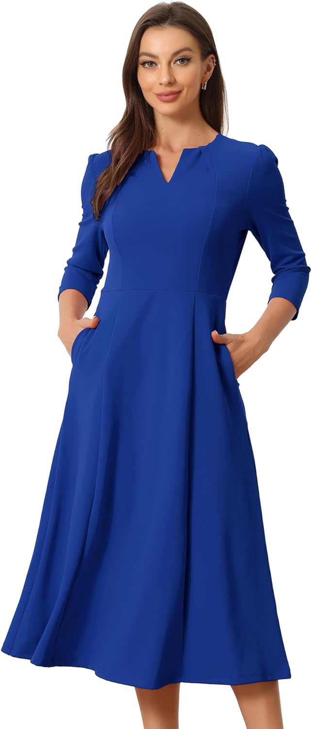 Allegra K Women's Elegant A-Line Midi Dress with Pockets