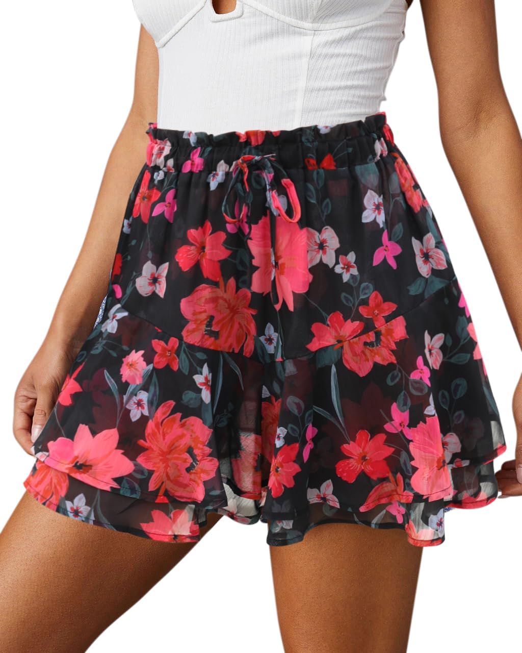Flowy Shorts for Women Casual Boho Floral Ruffle Mini Skirts