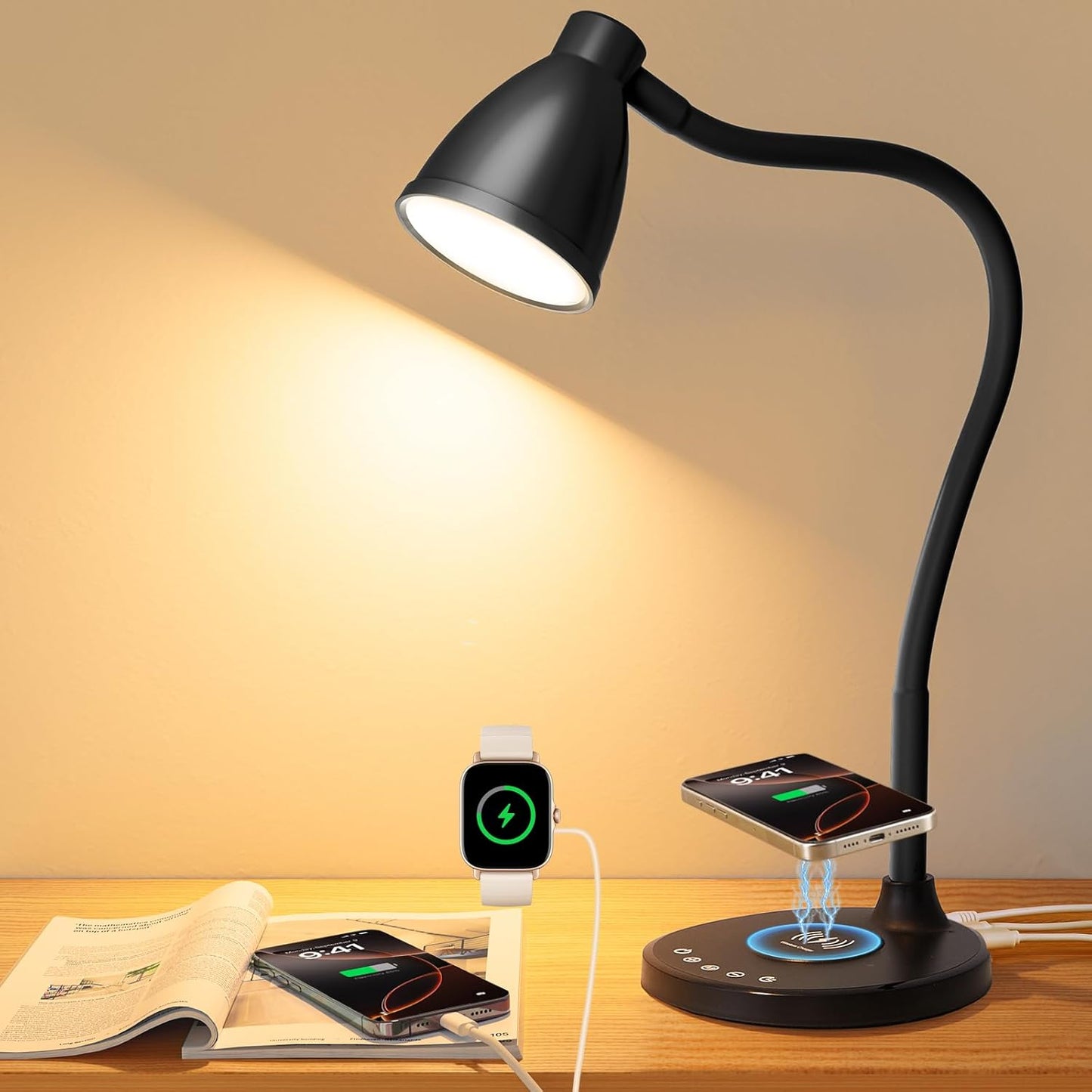 BOHON Desk Lamp: Wireless Charging & Multi-Port USB, Dimmable LED Light