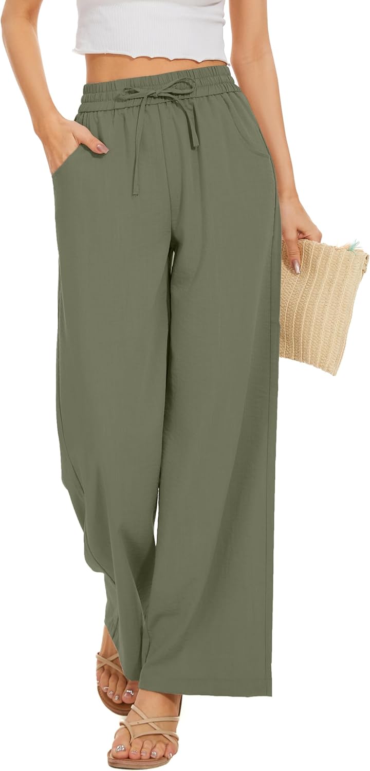 Women Flowy Pants with Drawstring Waist and Wide Leg Design