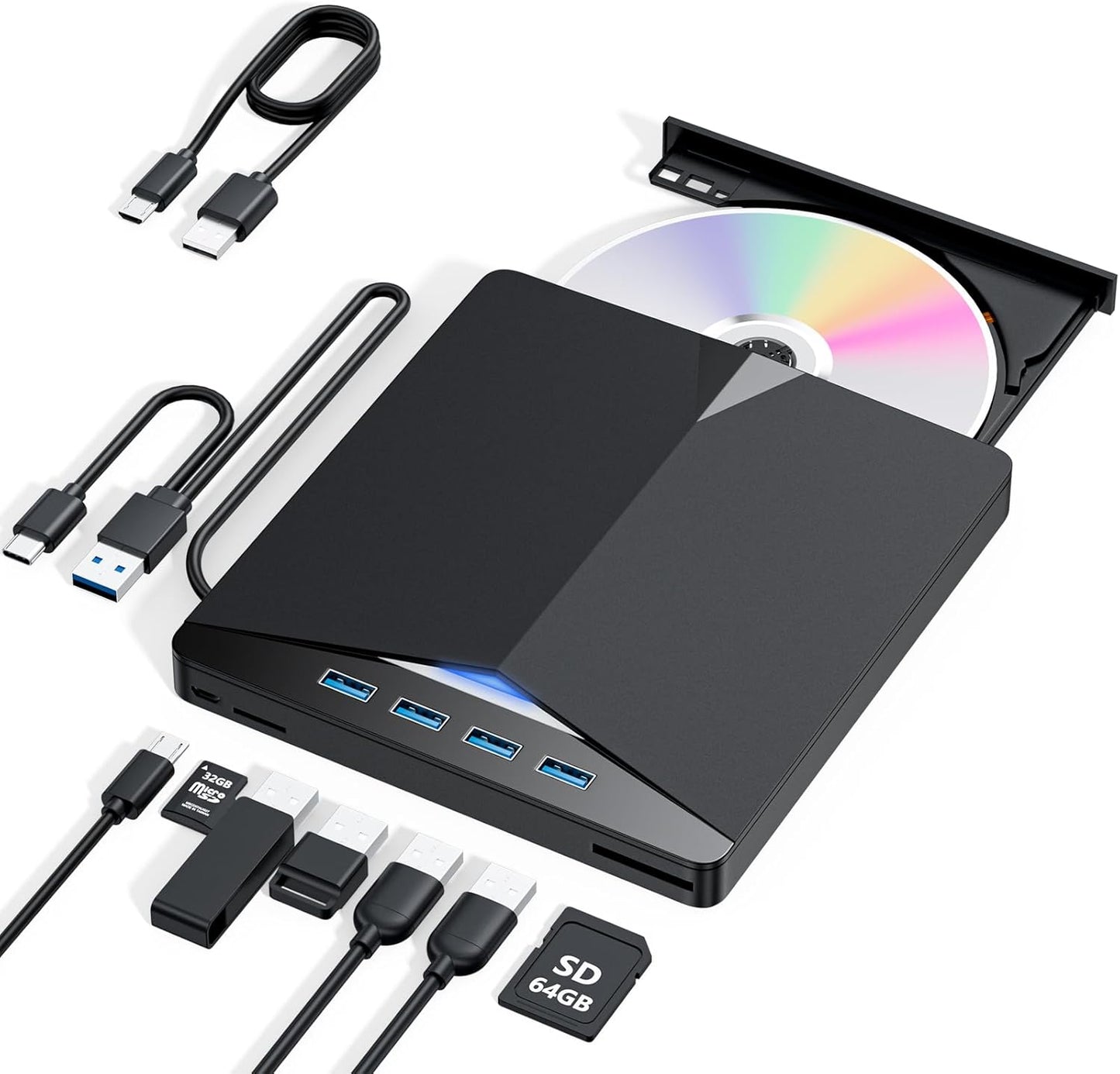 Portable 7-in-1 External CD/DVD Drive with USB 3.0