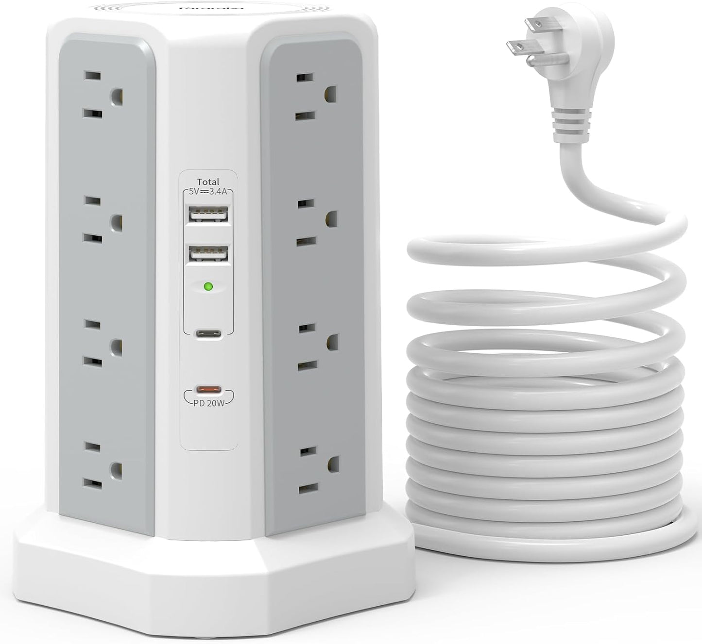 Fararaka Tower Power Strip: 20W PD USB-C, 13A Thicker Cord, 6FT Extension