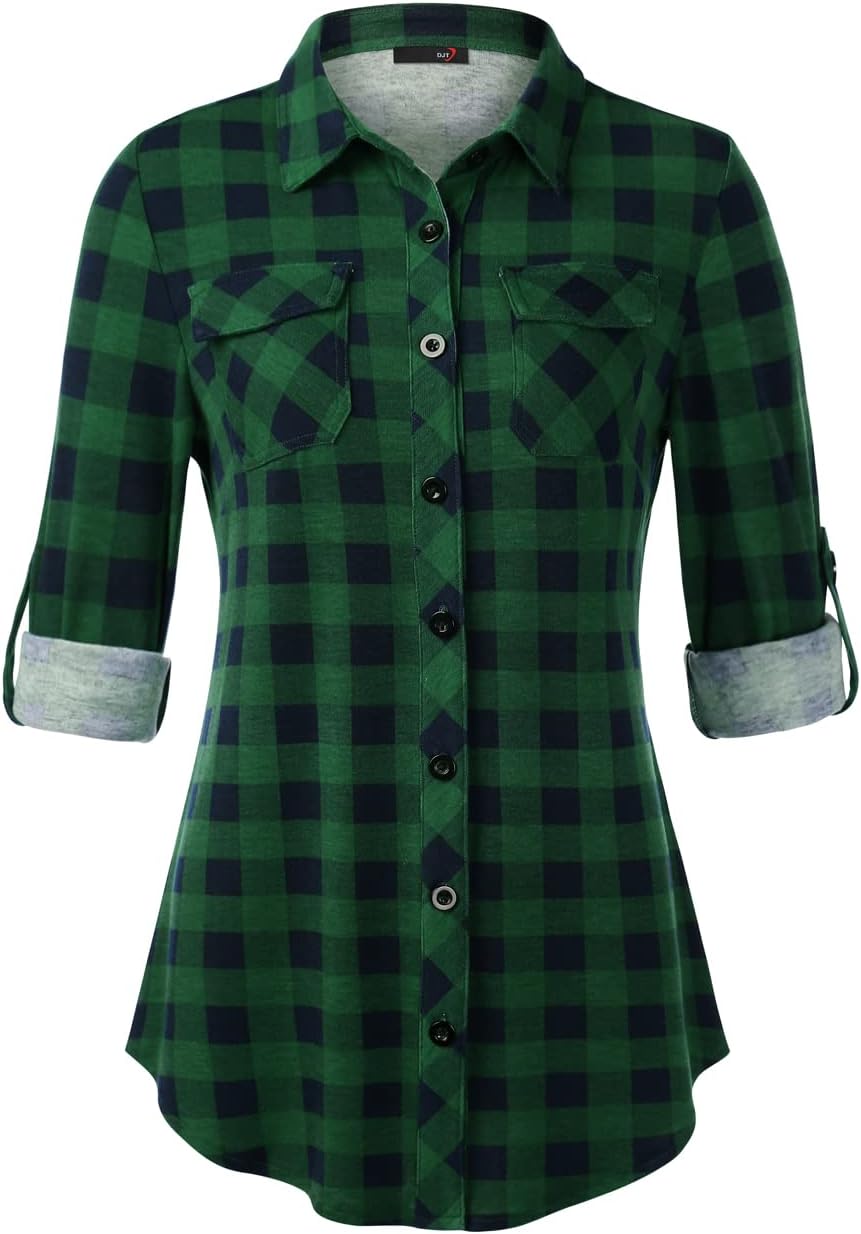 DJT Womens Soft Stretchy Knit Plaid Shirts for Every Occasion
