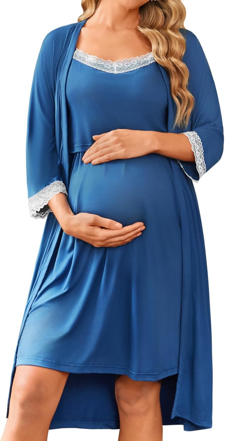 Ekouaer Women Lace Maternity Nursing Gown & Robe Set for Moms