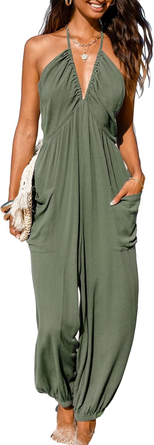 CUPSHE Women's Plunge Halter Sleeveless Pleated Long Romper