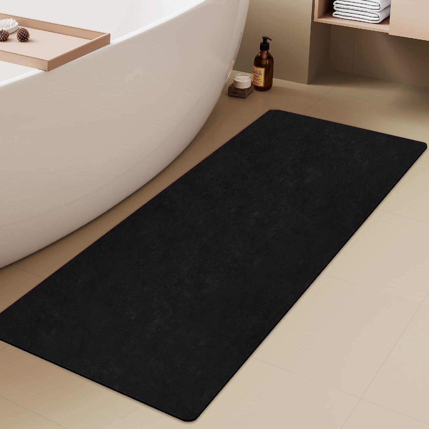 Black Bath Mat Non Slip Washable Thin Absorbent Quick Dry 24x60