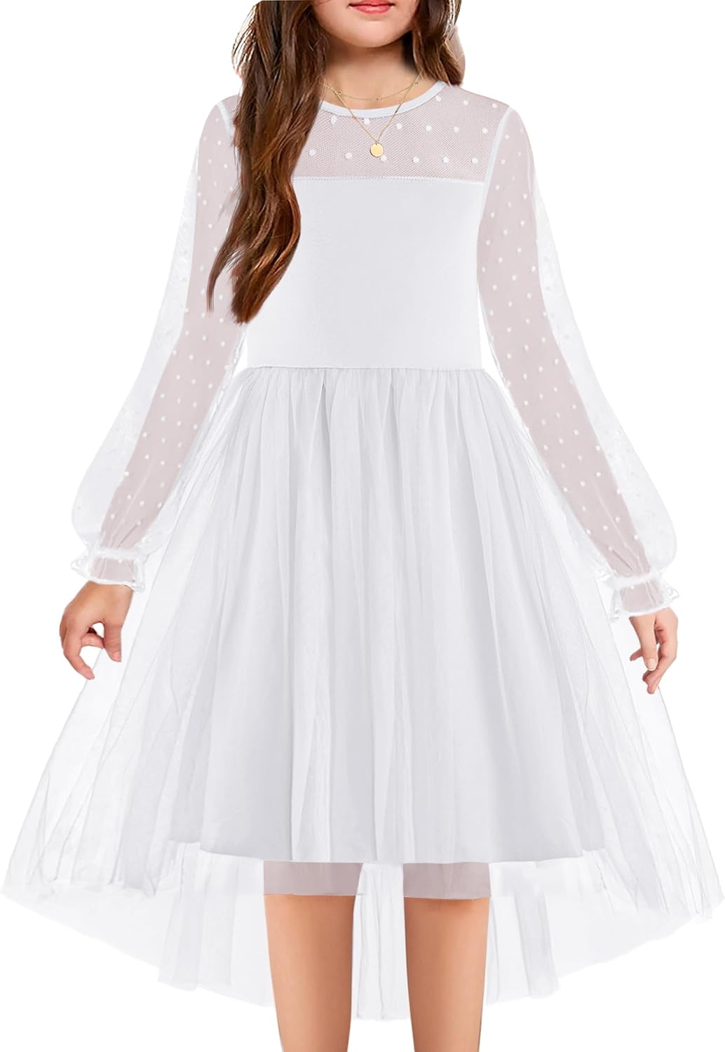Arshiner Girls Dresses Contrast Mesh Long Sleeve Twirly Dress