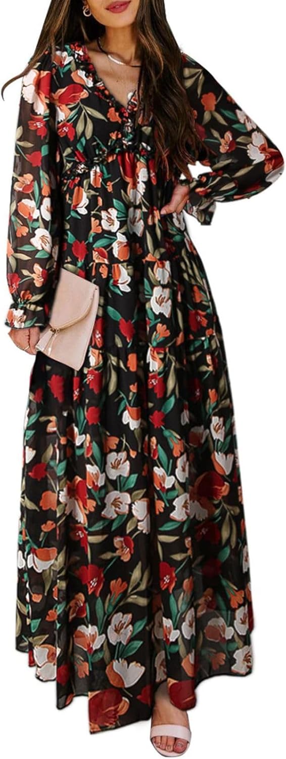 Boho Deep V Neck Short Sleeve Long Dress for Women