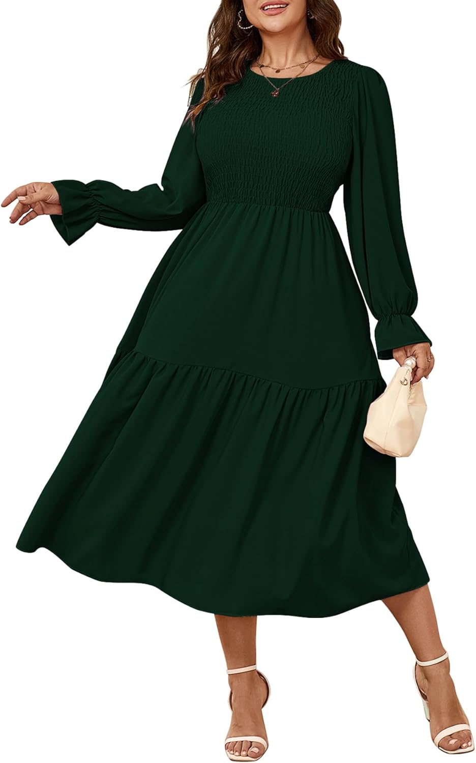 Plus Size Long Sleeve Smocked Tiered Flowy Maxi Dress